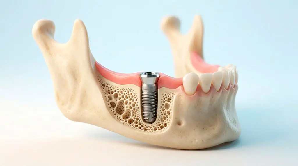 mandibula con un injerto de hueso y el tornillo de un implante