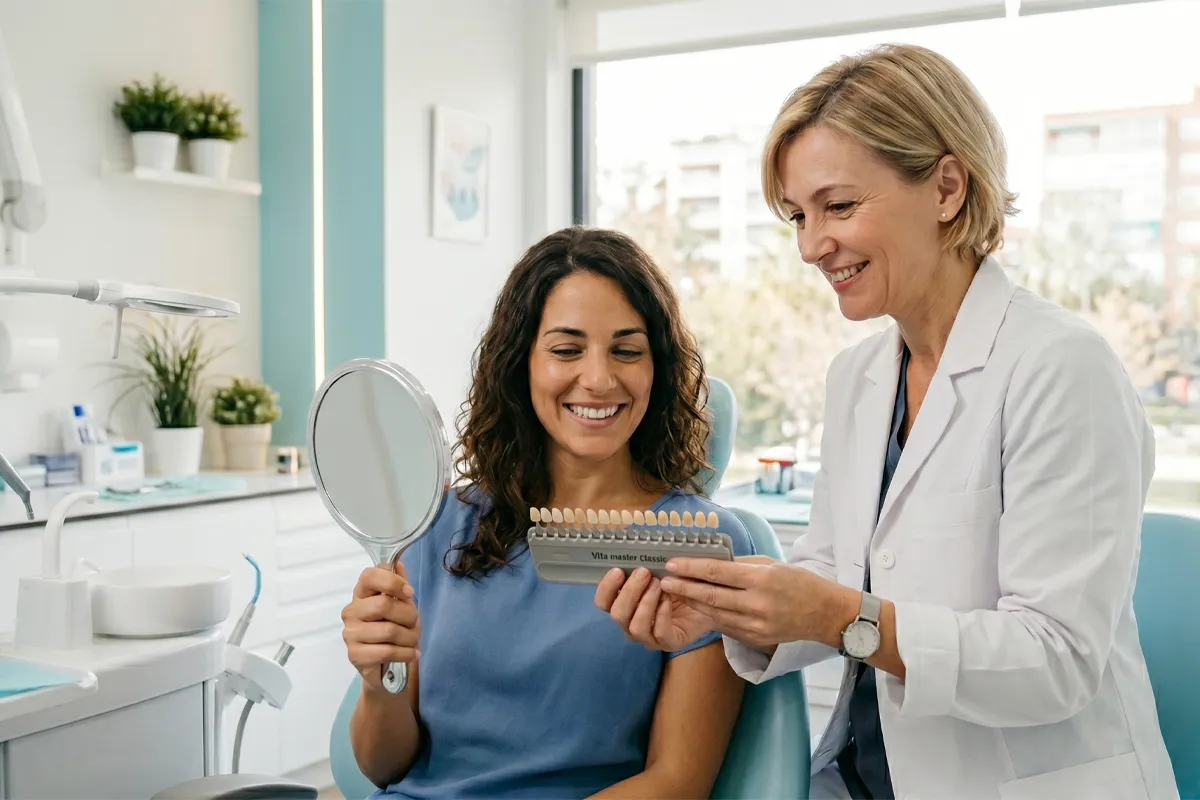 Paciente eligiendo entre carillas y blanqueamiento dental con su dentista en la Clínica Dental Bayo Martín de Castro-Urdiales
