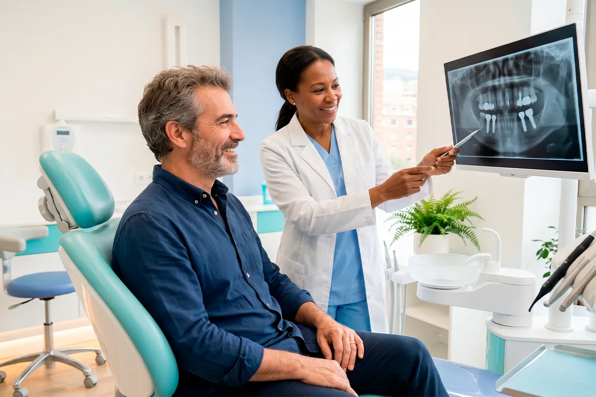 Paciente con implantes dentales sonriendo mientras su dentista le explica su duración en la Clínica Dental Bayo Martín de Castro-Urdiales