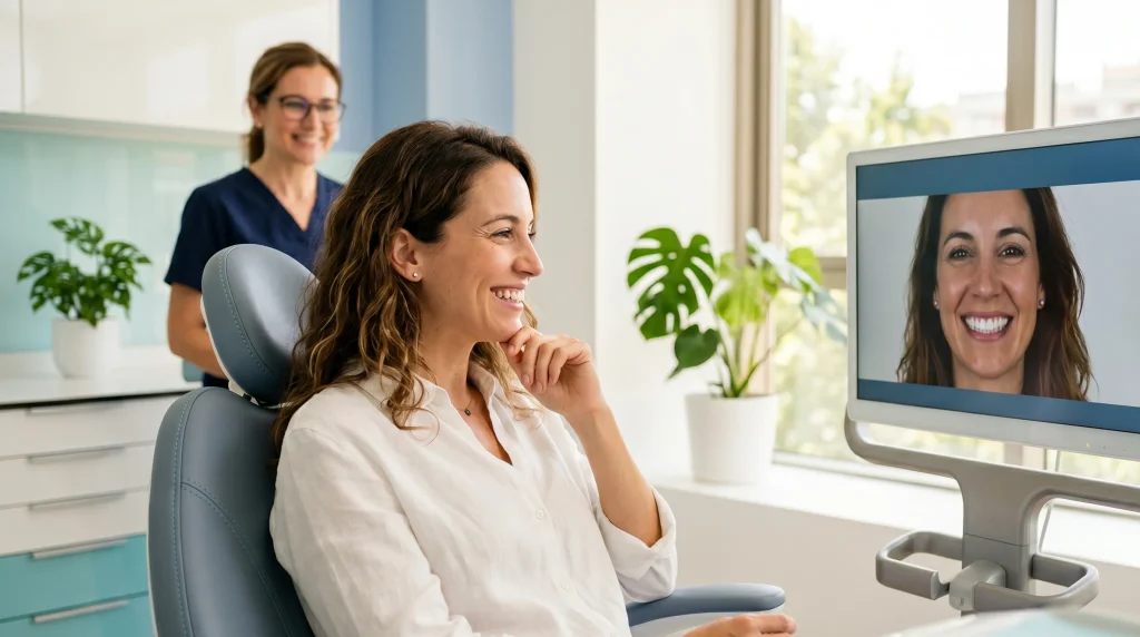 Paciente viendo la simulación de su diseño de sonrisa digital en la Clínica Dental Bayo Martín de Castro-Urdiales