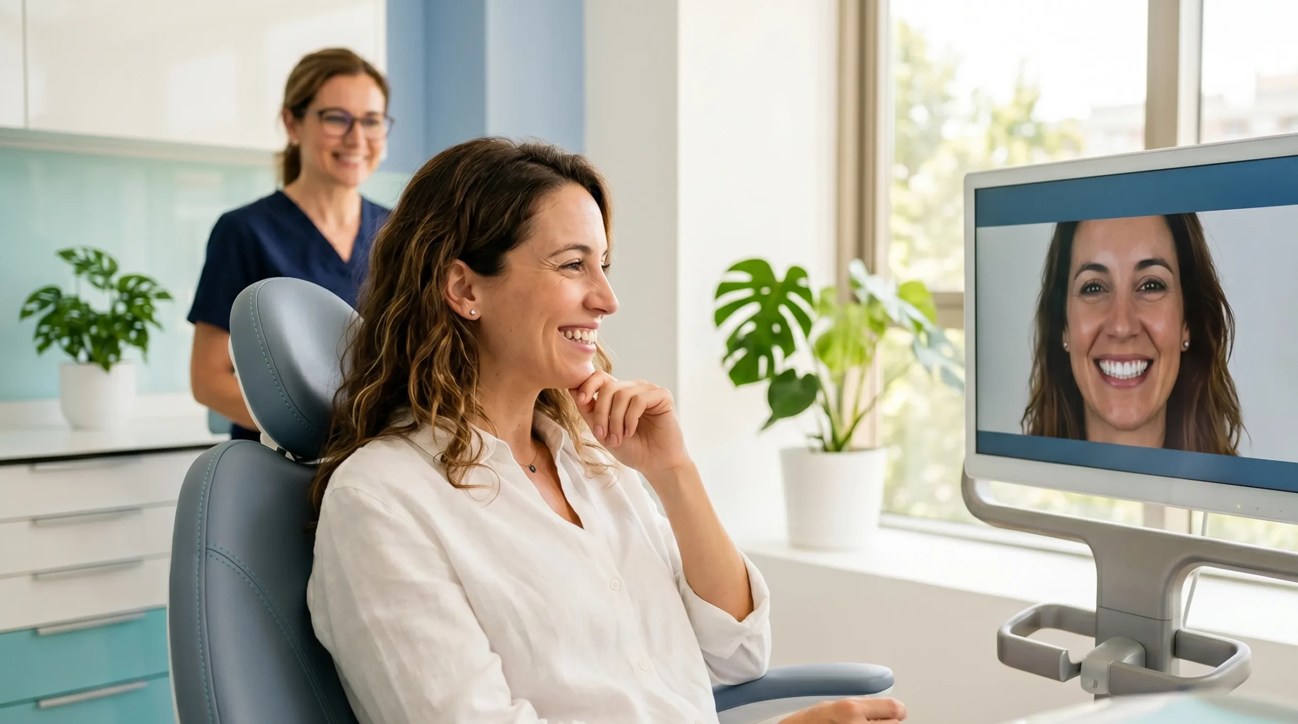 Paciente viendo la simulación de su diseño de sonrisa digital en la Clínica Dental Bayo Martín de Castro-Urdiales