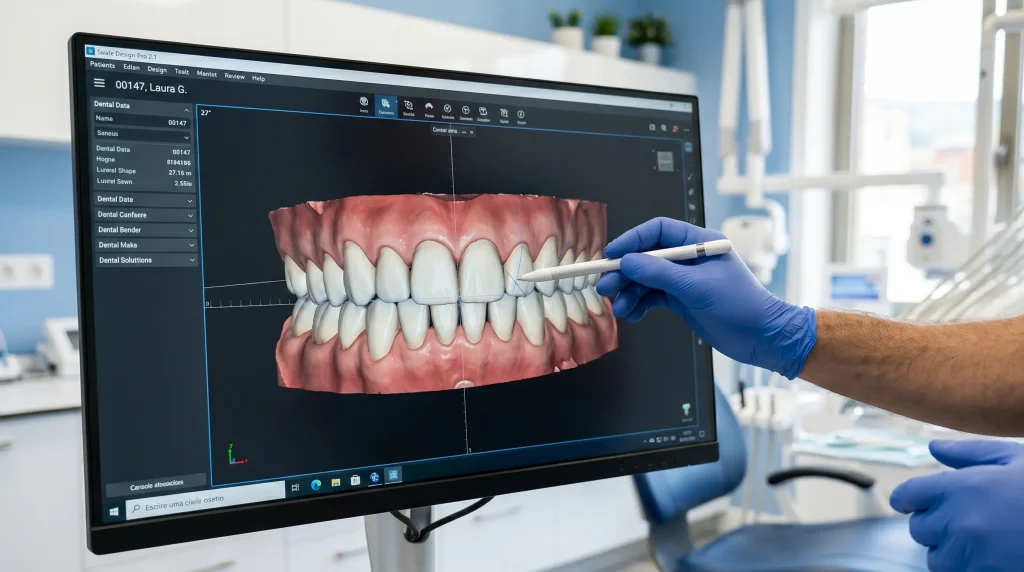 Odontólogo mostrando el diseño en 3D de una sonrisa en la pantalla durante un diseño de sonrisa digital