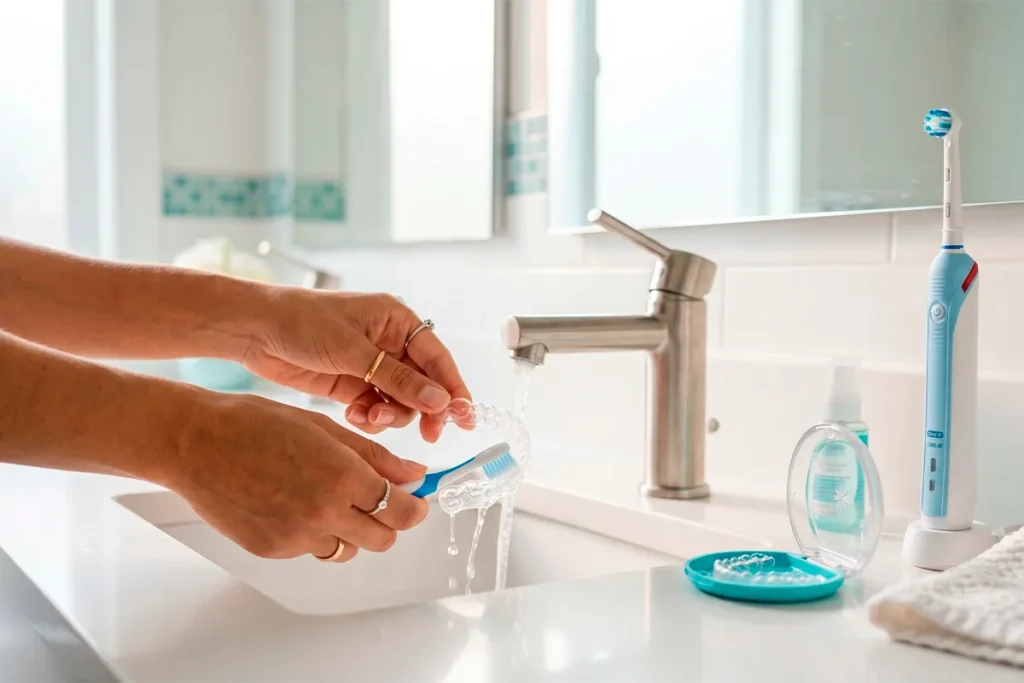 Limpieza de un alineador transparente con agua, parte de la rutina diaria de la ortodoncia invisible