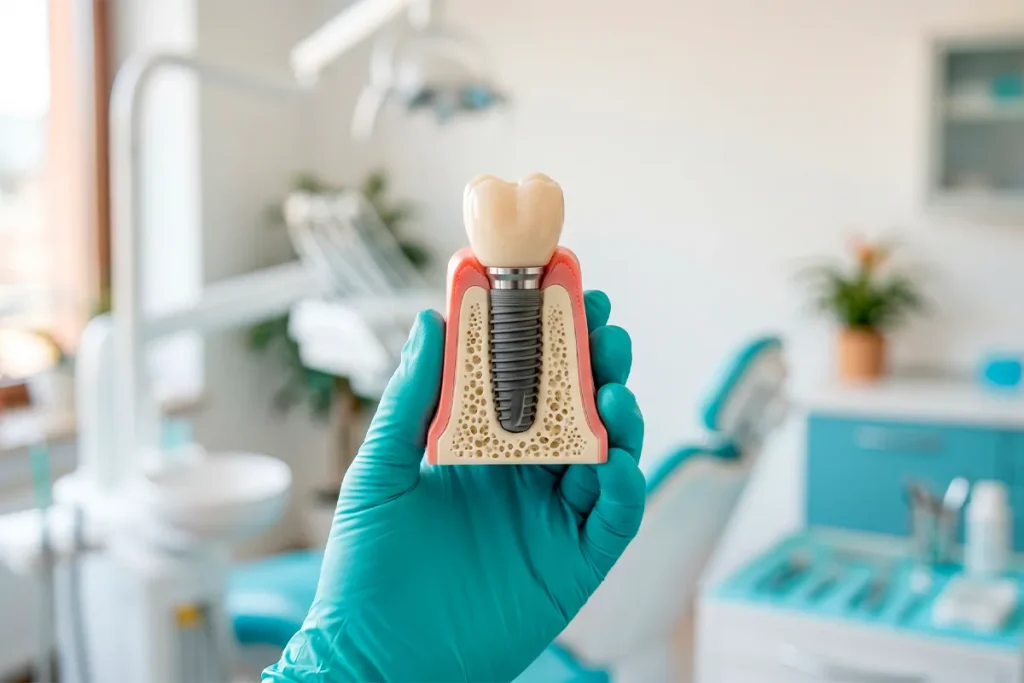 Modelo de implante dental que muestra el tornillo de titanio y la corona, las dos partes que influyen en su duración