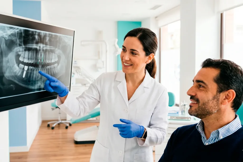 Dentista explicando el proceso paso a paso de un implante dental sobre una radiografía a un paciente