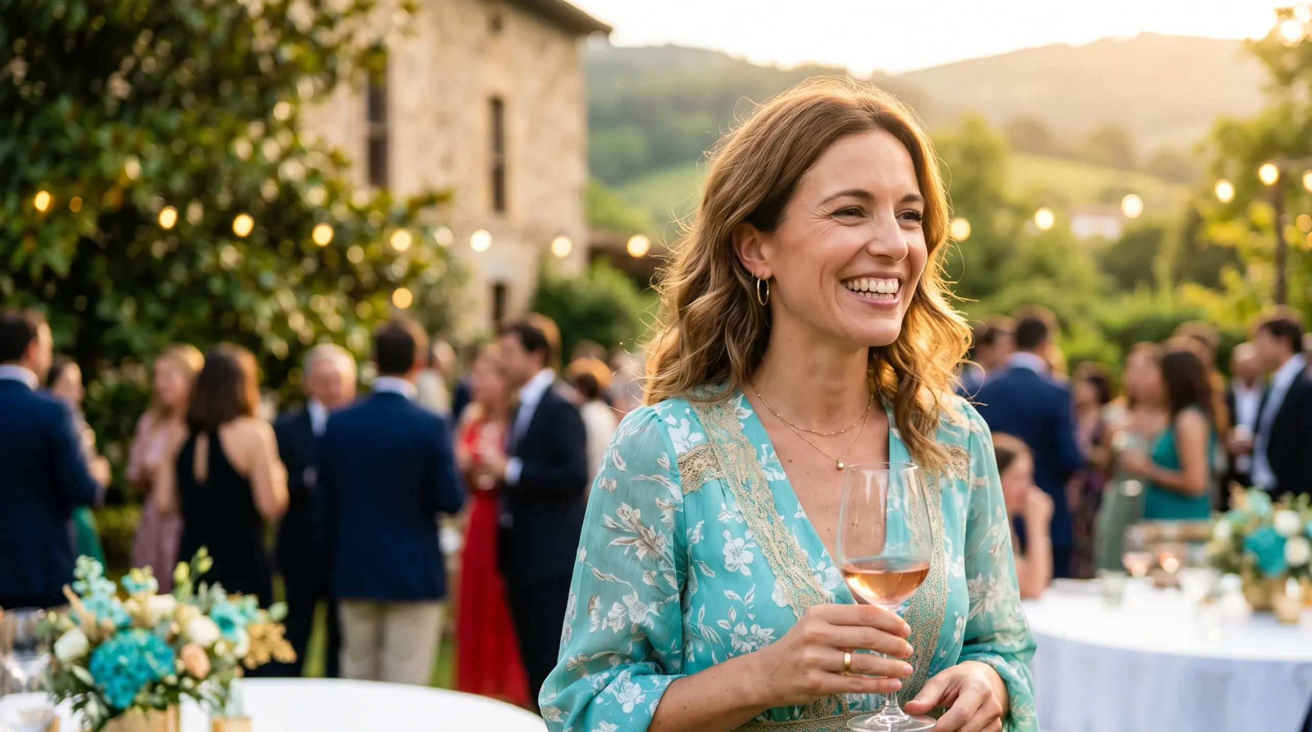 Invitada sonriendo en una boda de verano con una sonrisa cuidada en la Clínica Dental Bayo Martín de Castro-Urdiales