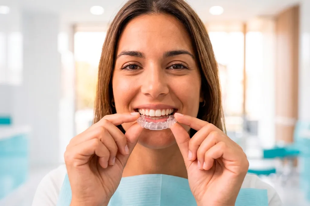Joven sosteniendo un alineador transparente de ortodoncia invisible en la Clínica Dental Bayo Martín de Castro-Urdiales