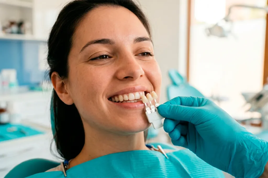 Comparación del color dental con guía de tonos para decidir entre carillas y blanqueamiento dental