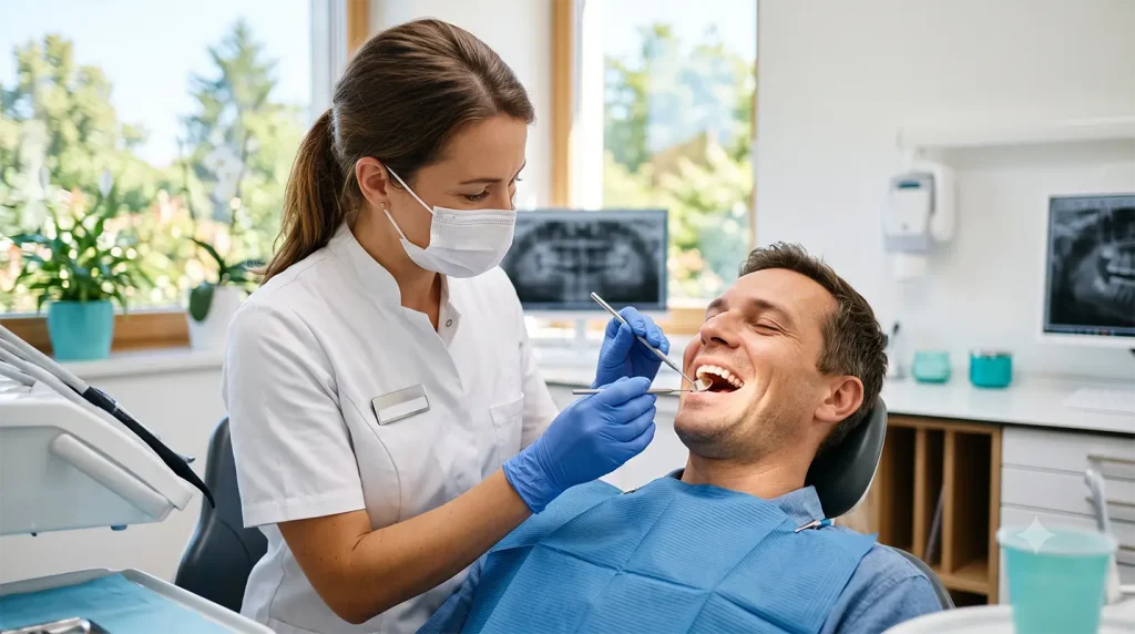 Dentista realizando una revisión preventiva para evitar urgencias dentales en vacaciones