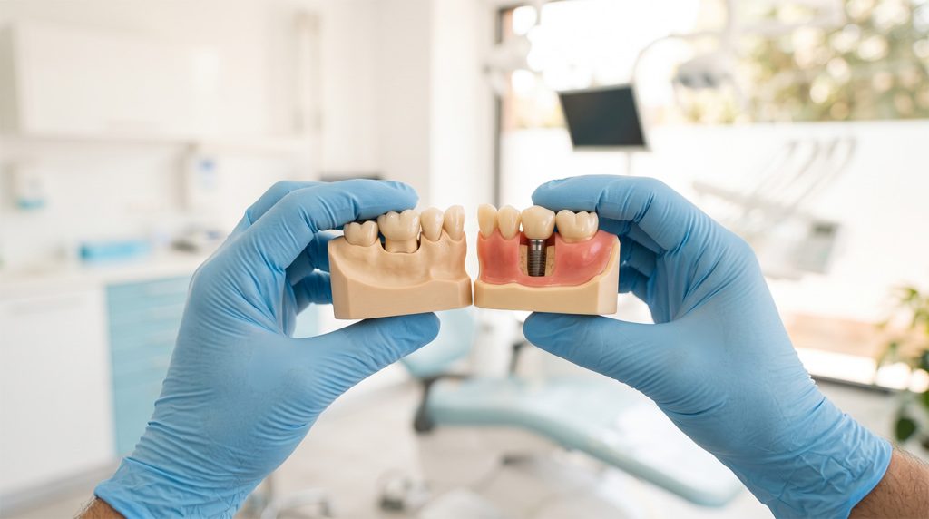 Comparación en modelos dentales entre un molar conservado con corona y un implante con su corona