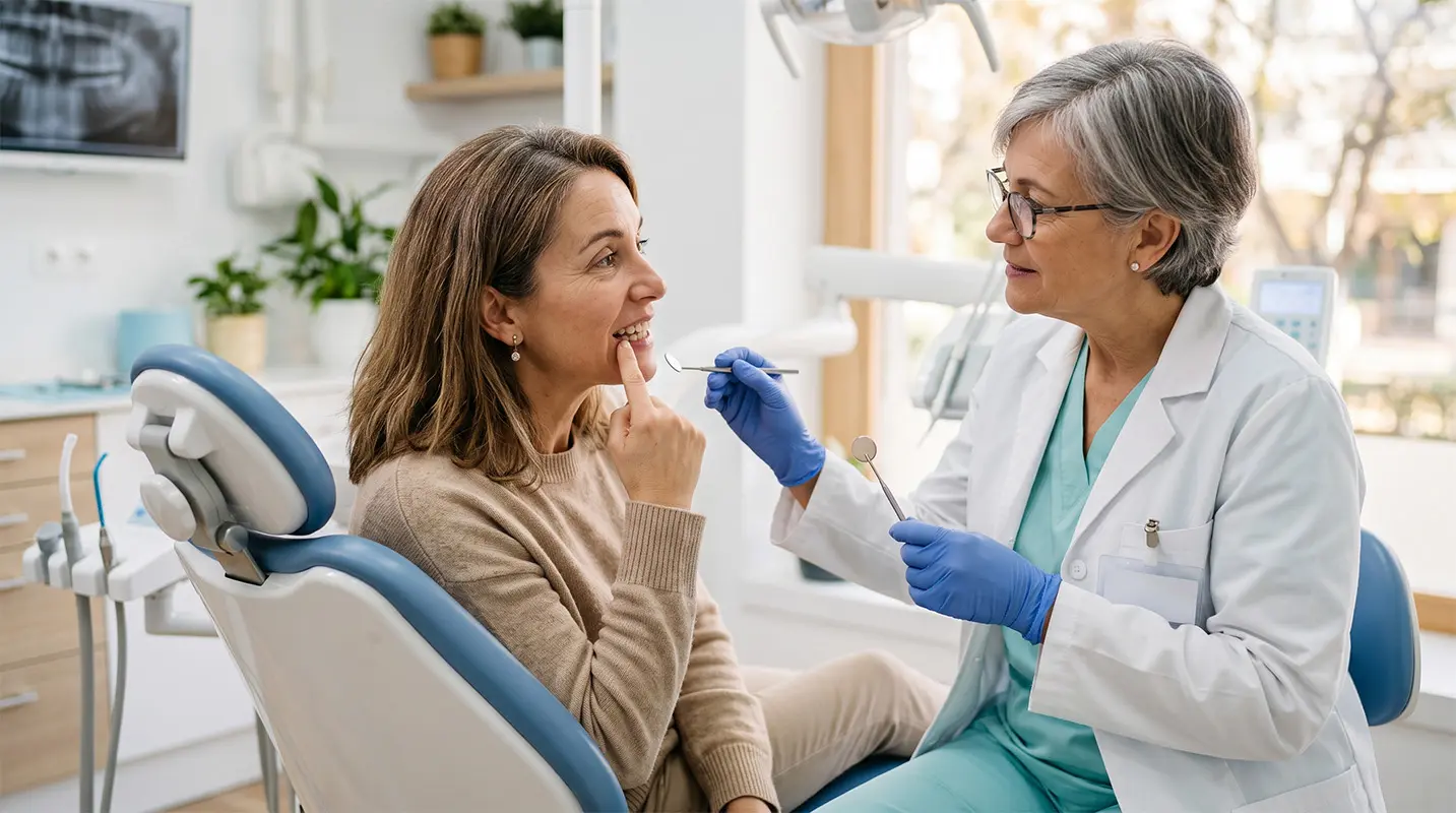 Paciente señalando sus encías retraídas durante la revisión con su dentista en la Clínica Dental Bayo Martín de Castro-Urdiales