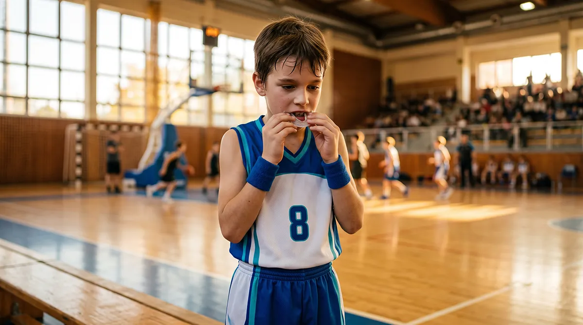Niño colocándose un protector bucal a medida antes de un entrenamiento, fabricado en la Clínica Dental Bayo Martín de Castro-Urdiales
