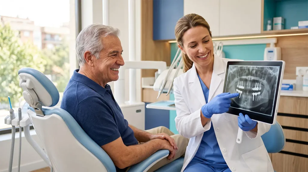 Modelo dental de una prótesis fija completa atornillada sobre cuatro implantes con los posteriores inclinados