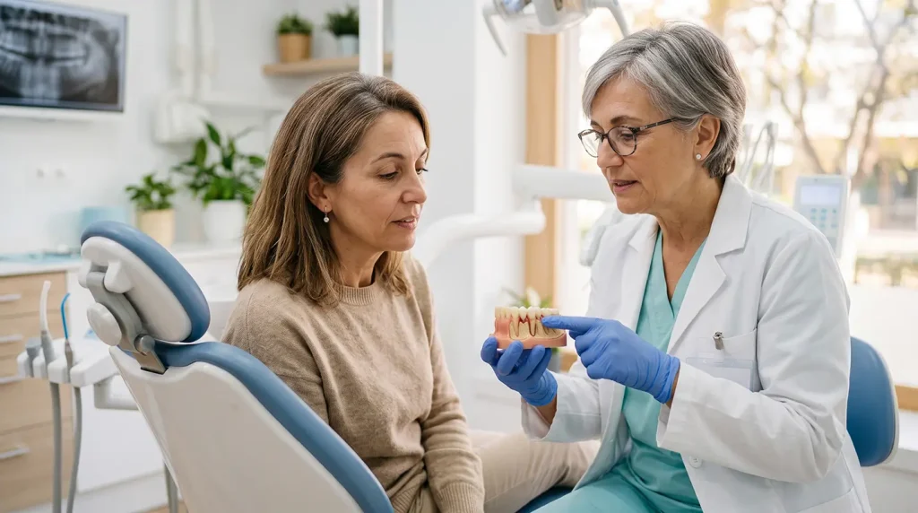 Dentista explicando con un modelo dental cómo la recesión gingival deja expuesta la raíz del diente