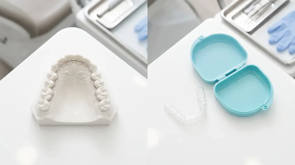 Comparativa entre un retenedor fijo de alambre y un retenedor removible transparente sobre modelos dentales