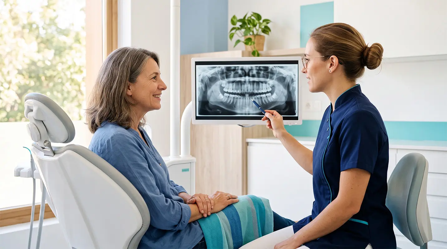 Dentista explicando a una paciente si conviene salvar el diente o poner un implante en la Clínica Dental Bayo Martín de Castro-Urdiales