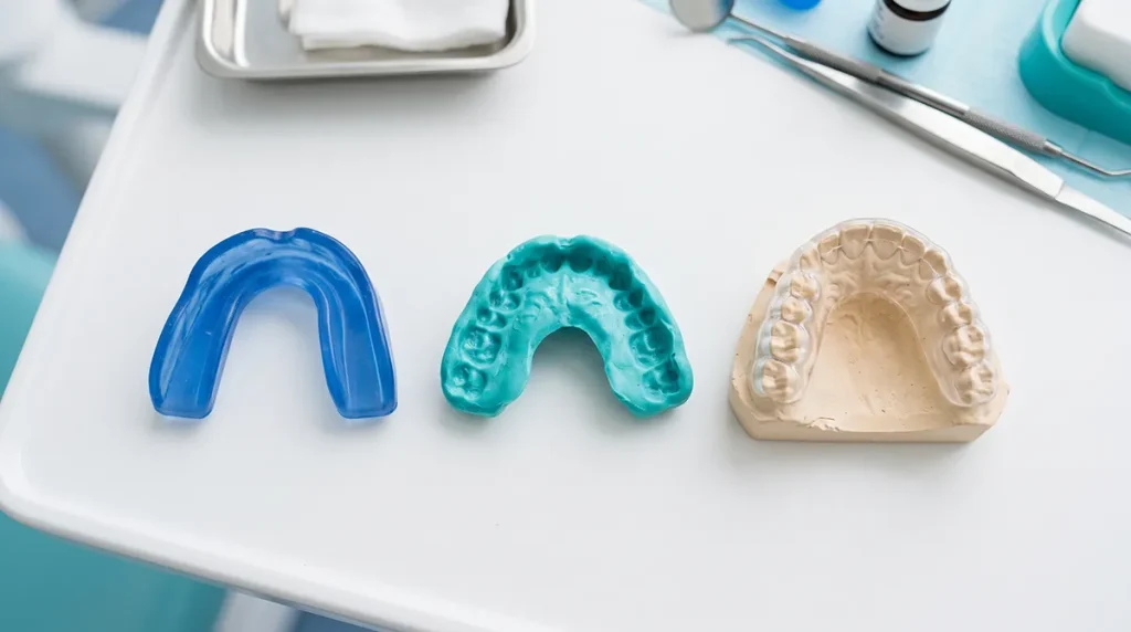 Comparativa de tres tipos de protector bucal, con el protector bucal a medida sobre un modelo de arcada dental