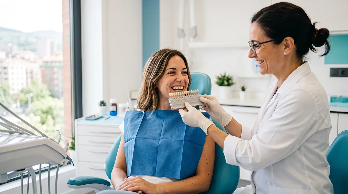 Dentista comparando el color de los dientes de una paciente con una guía de tonos tras un blanqueamiento interno en la Clínica Dental Bayo Martín de Castro-Urdiales