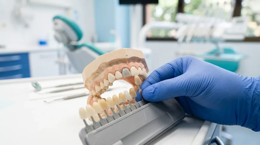 Modelo dental con un incisivo oscurecido junto a una guía de colores para planificar su blanqueamiento interno