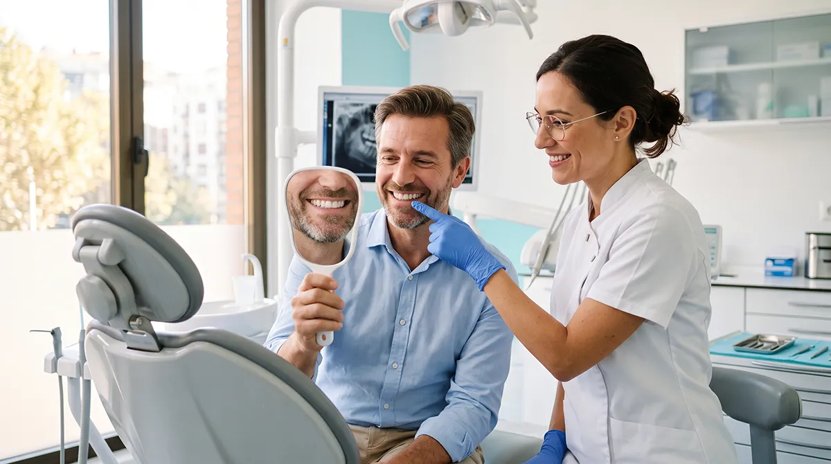Paciente revisando en un espejo su sonrisa tras reconstruir los dientes desgastados por bruxismo en la Clínica Dental Bayo Martín de Castro-Urdiales