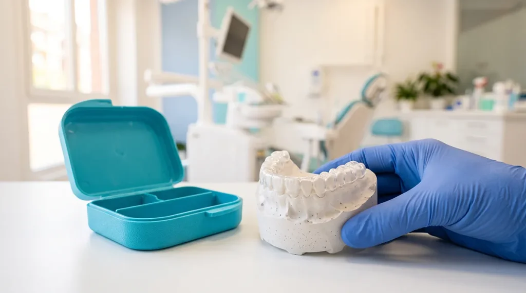 Férula de descarga a medida sobre un modelo dental, usada para frenar el desgaste de los dientes por bruxismo