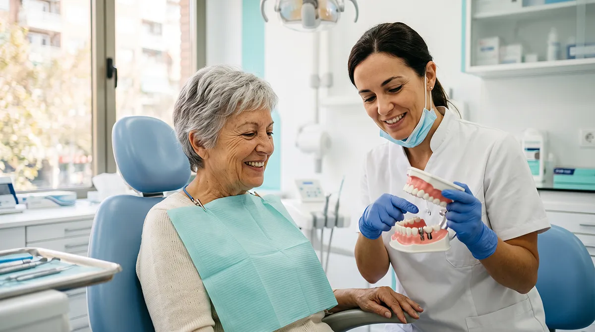Paciente sonriendo mientras su dentista le muestra un modelo de sobredentadura sobre implantes en la Clínica Dental Bayo Martín de Castro-Urdiales